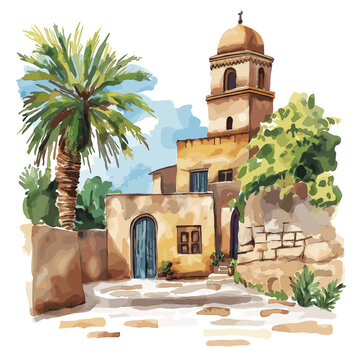 Harar Jugol. Harar Jugol hand drawn watercolor illustration on white background