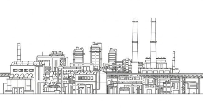 Industrial factory complex sketch drawing illustration.