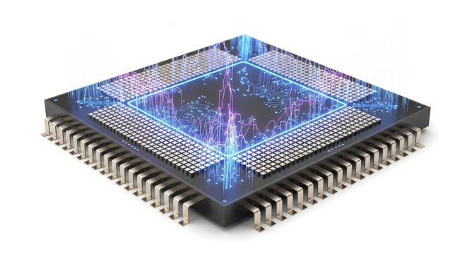 A computer chip with a blue and purple light on it, isolated on white background, representing technology and innovation in electronics