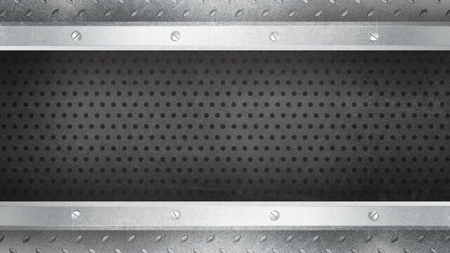 Industrial perforated metal panel with riveted steel bars top and bottom cinematic frame background animation 4K 60fps