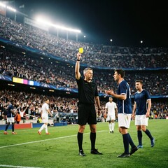 Naklejka premium A soccer referee holding up a yellow card on a crowded stadium field at night