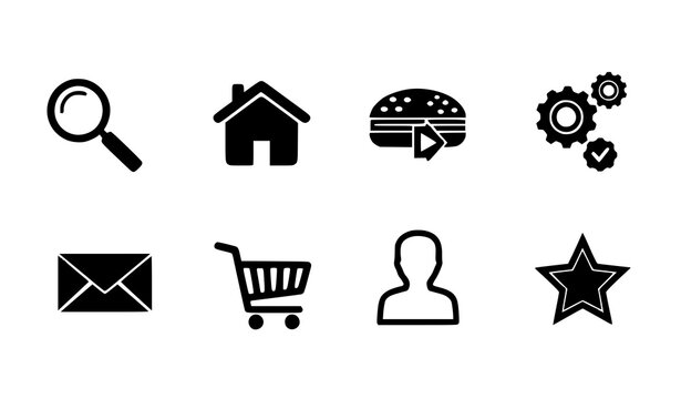 Black flat UI icon pack vector 8 minimal interface symbols set
