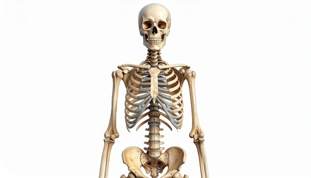 "Depict a full upright human skeleton against a plain white background, symbolizing anatomy, structure, and the framework of the human body in a clear educational style."