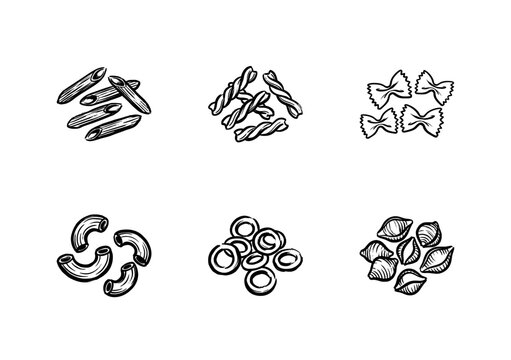 Authentic Italian Pasta Varieties and Dried Macaroni Shapes with Hand-Drawn Inky Brushstrokes and Fluid Organic Outlines