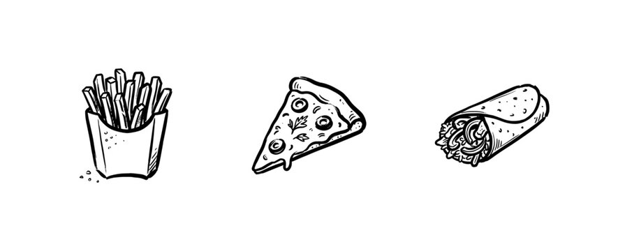 Fast Food Snacks and Takeaway Junk Food Items with Hand-Drawn Inky Brush Strokes and Fluid Organic Doodles.