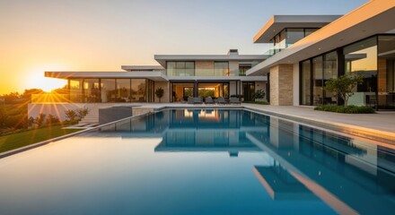 Fototapeta premium Luxury Modern Villa with Pool at Sunset A Dream Home.