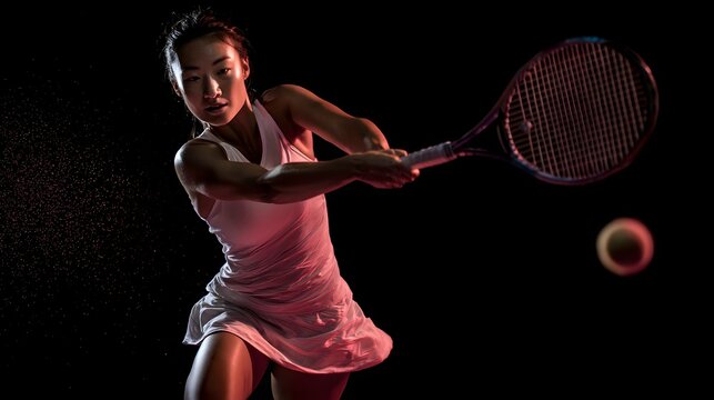 Lithe young female tennis player powerfully swings, showcasing dynamic agility in a vivid studio shot.
