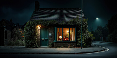 Obraz premium Serene suburban evening ambiance. Peaceful neighborhood scene with warm lighting and fog
