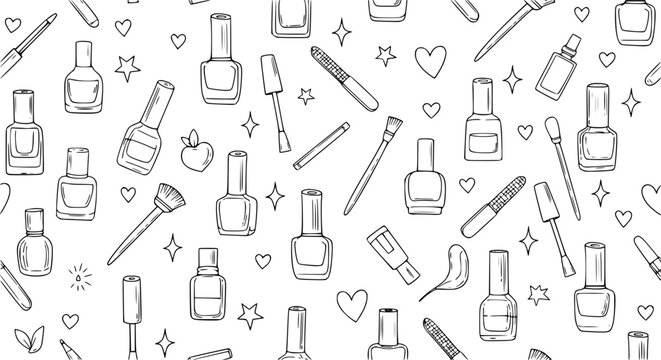 Beauty doodle seamless pattern nail polish sketch outline cosmetic vector background feminine design