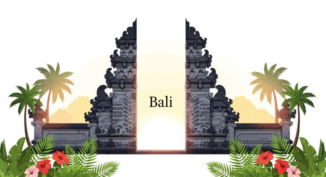 Bali Temple Gate Entrance With Palm Trees And Tropical Flowers