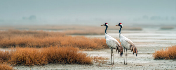 Fototapeta premium pair of demoiselle cranes near salt lake in shimmering heat haze of dry steppe