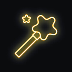 Fototapeta premium Yellow neon magic wand creating shining stars, a magical design glowing on a dark wall