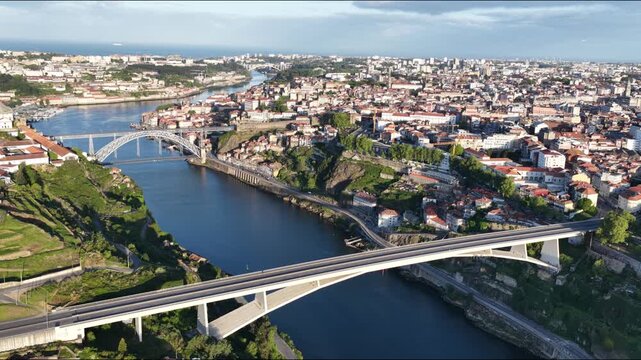 Porto Portugal scenic aerial view of city and Douro River bridges