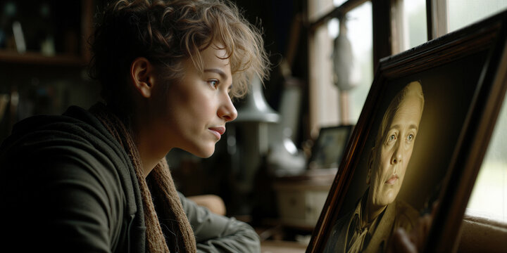 Young scholar carefully examines family lineage documents in peaceful morning glow beside window