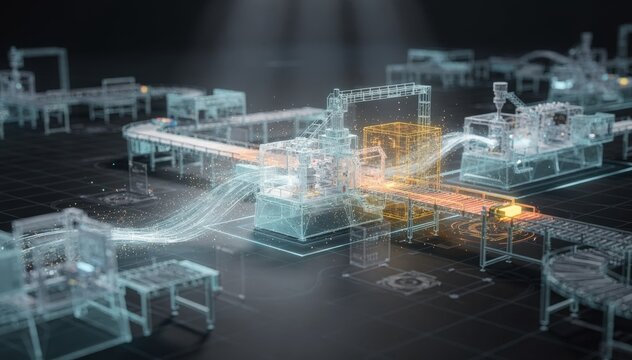Medium shot capturing virtual energy consumption models within a digital twin of a plastics manufacturing plant focusing on sustainable operations and power usage analysis.
