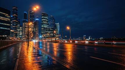 Fototapeta premium Modern city skyline at night with wet streets reflecting colorful lights