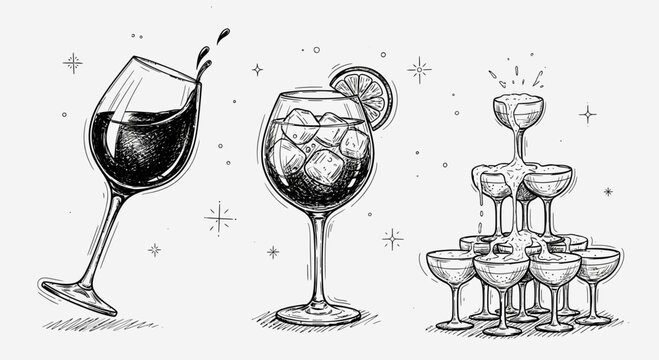 Hand Drawn Cocktail Glasses and Wine Glass with Bubbles and Stars