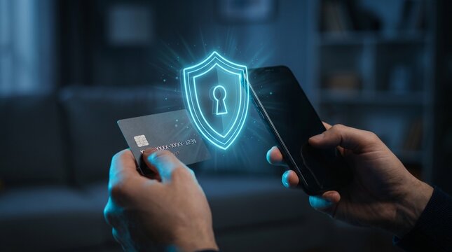 Hands holding credit card and smartphone with glowing blue shield and key icon for secure online payment