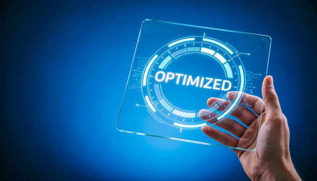 Futuristic eco-efficiency concept featuring a hand holding a glass tablet with a 3D holographic energy meter.