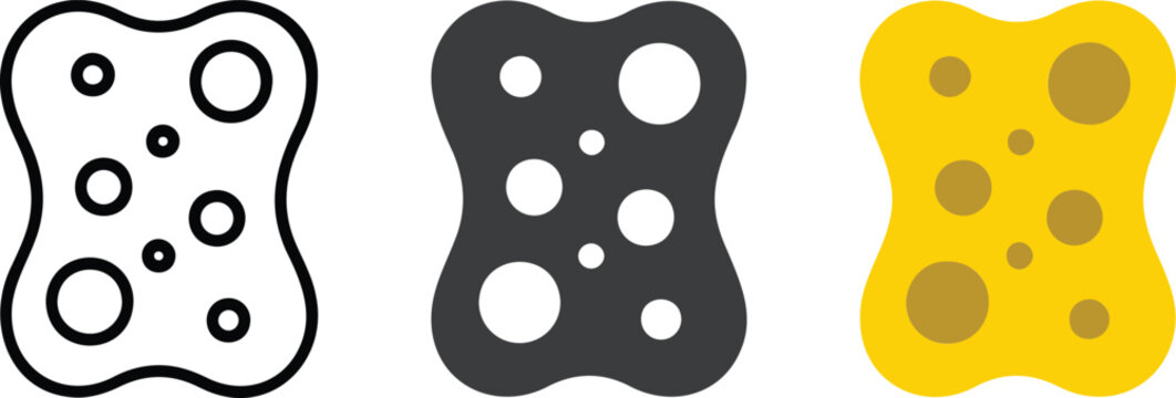 Minimal cleaning sponge icon set with perforated pads in outline solid and yellow vector flat design style