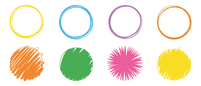 Colorful hand drawn circles and scribbles on white background.