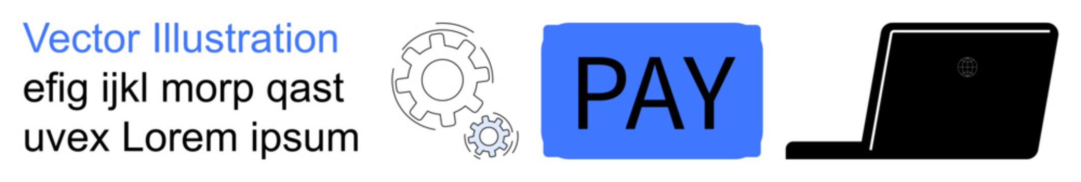 Online transactions, digital security, e-commerce, business solutions, payment systems, financial technology. Gear icon, blue pay button black laptop. Online transactions and digital security
