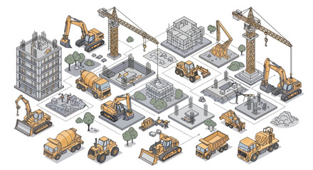 Construction Site Isometric Icons: Buildings, Cranes, Excavators, Trucks, and Tools © adi