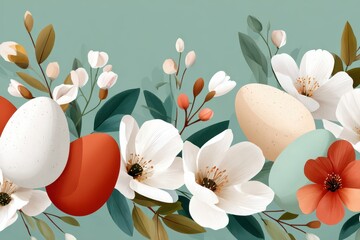 Fototapeta premium Easter eggs and spring flowers seamless vector border with hand-drawn blooms and pastel colors