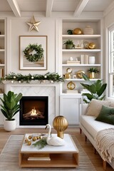 Naklejka premium Cozy modern living room with fireplace, gold and green Christmas decorations on mantel
