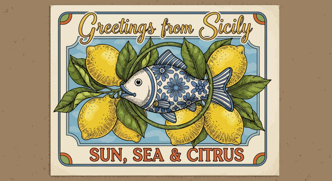 Retro Greetings from Sicily Postcard with Lemons, Fish, Sun, Sea & Citrus Text