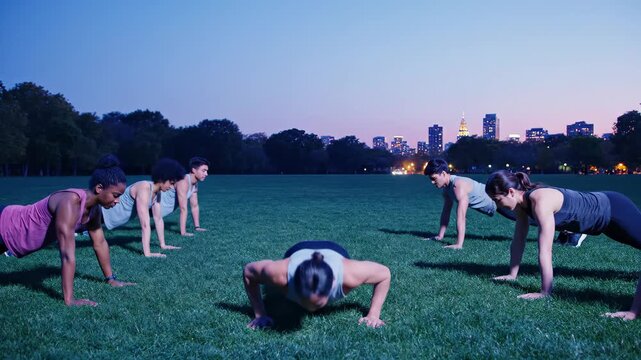 a diverse fitness group performing synchronized push-ups in a city park at dawn. Features professional form and a serene blue-hour atmosphere with soft violet skies, capturing morning discipline and c