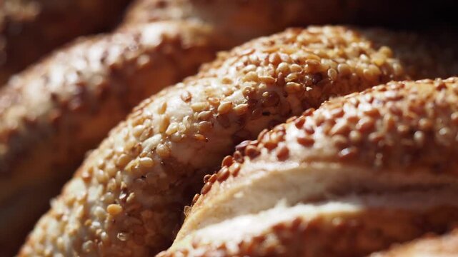 Fresh sesame bagels close up view camera moving slowly over crusty bread surface textures.
