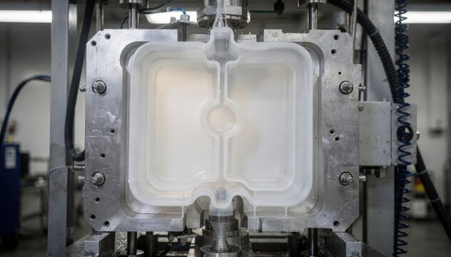 Medium shot capturing the dualflush plastic cistern tank during blow molding highlighting precise molding for watersaving functionality.