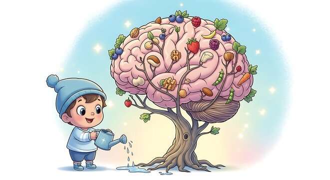 Young boy watering a magical brain tree with healthy food growing on branches conceptual art