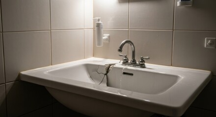 Fototapeta premium Cracked bathroom sink with faucet, soap dispenser, and tiled wall