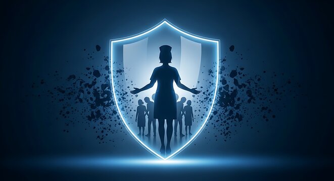Silhouette of nurse standing inside glowing protective shield with crowd of people representing frontline medical workers as 3D digital illustration