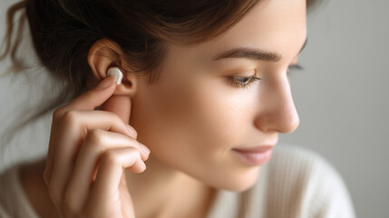 Naklejka premium Woman inserting wireless earbud, modern audio device and lifestyle listening concept, close-up portrait.