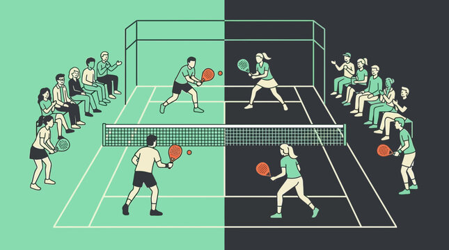 Illustrated Court Match With Players, Spectators, Rackets, And Net Recreation Visual