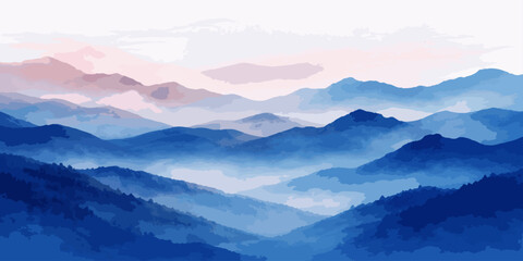 Misty morning panorama of a snow-capped mountain range under a blue dawn sky with clouds over the valley forest © hossain