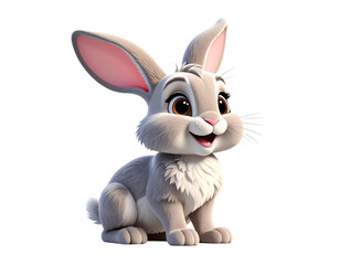 Fototapeta premium Playful white and gray cartoon bunny sitting upright with fluffy fur and big eyes