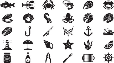 Black and white collection of marine life fish seafood and nautical symbols © MdAbu