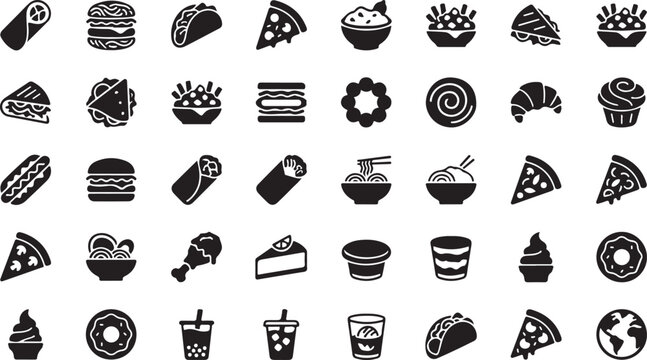 Black and white of various and symbols including food utensils and tools black white background kitchenware