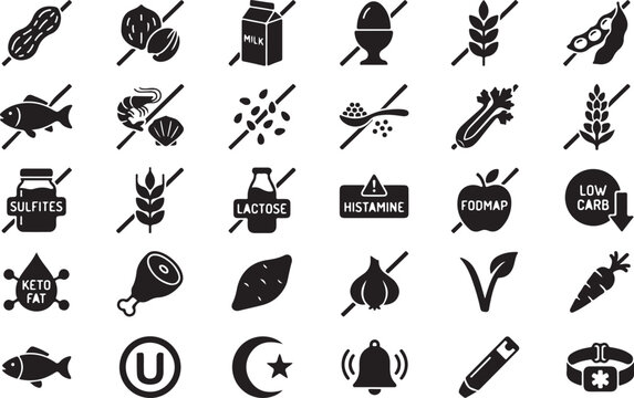 Black and white representing various dietary restrictions and food components black white background