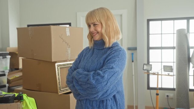 Woman smiling with arms crossed beside stacked moving boxes and picture frame in building; new home contentment.