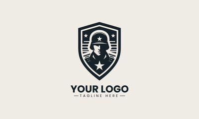 Obraz premium Black soldier head with helmet inside shield is presented as strong monochrome vector logo on clean white background for security and protection branding use