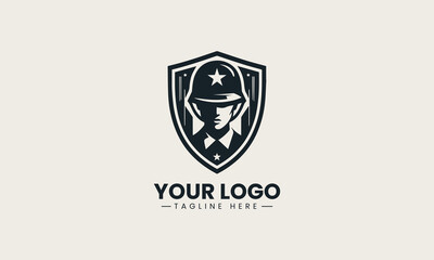 Obraz premium Black soldier head with helmet inside shield is presented as strong monochrome vector logo on clean white background for security and protection branding use