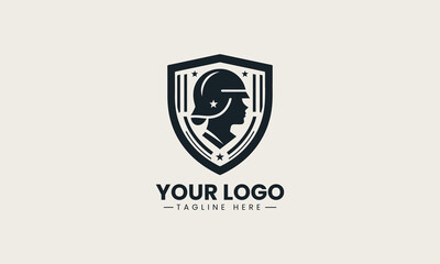 Obraz premium Black soldier head with helmet inside shield is presented as strong monochrome vector logo on clean white background for security and protection branding use