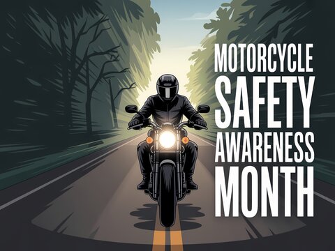 Motorcycle safety awareness month illustration with a rider on a motorcycle driving down a road through a forest