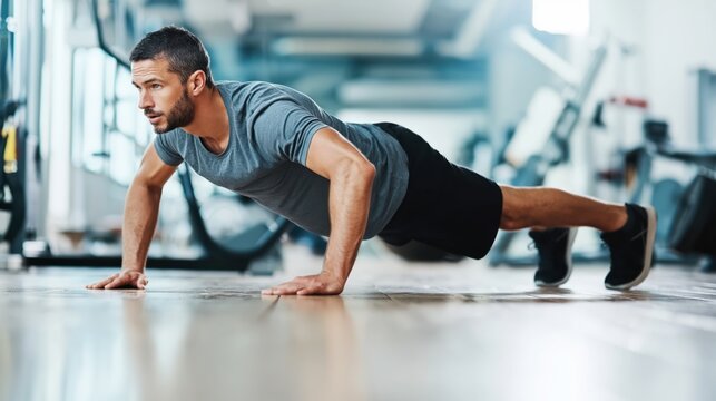 Athletic man performing push-ups on gym floor during workout.