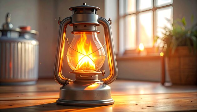 A vintage-style lantern glows brightly, its flame casting warm light on a wooden surface in a well-lit indoor setting